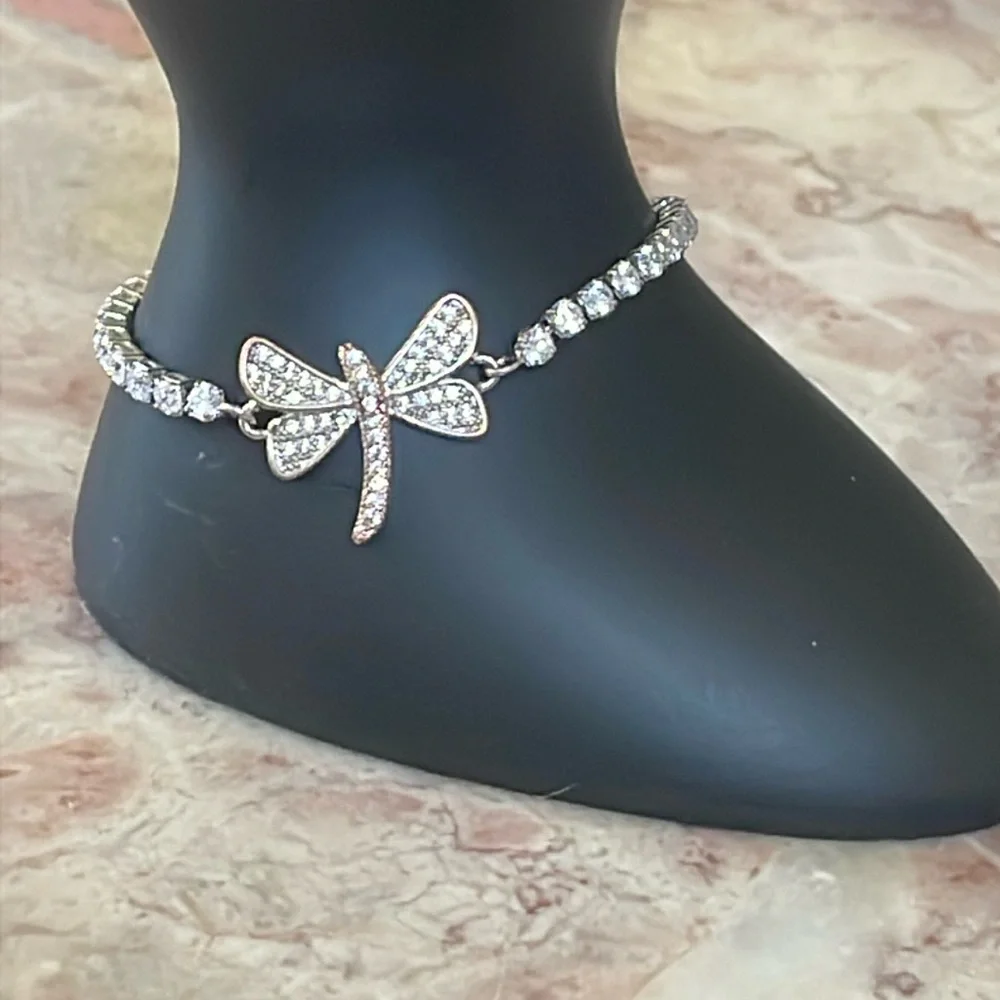 NWT~Woman’s Sterling Silver Diamonique Slide Adjustable Dragonfly Bracelet - Picture 1 of 9